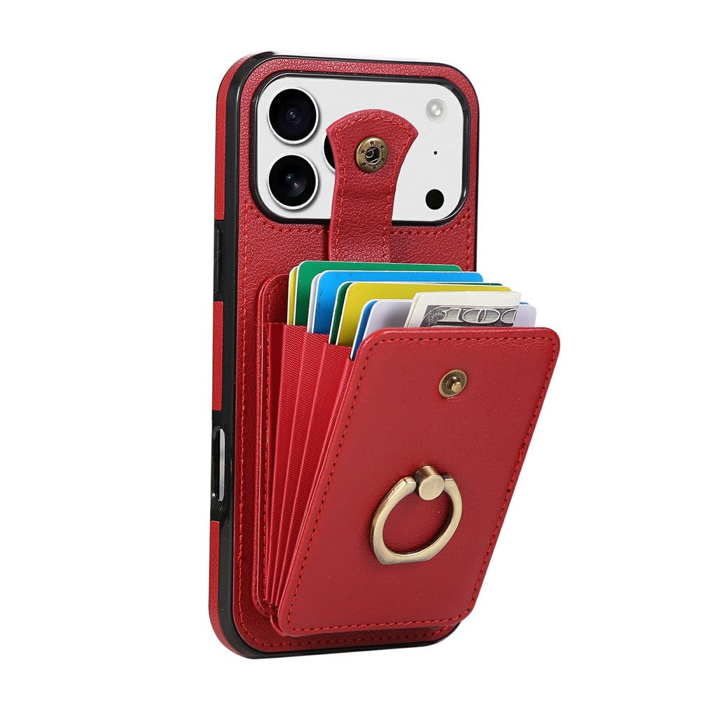 For iPhone 18 Pro / 17 Pro Case Card Holder Ring Kickstand TPU + PU Leather Phone Cover with Long Strap