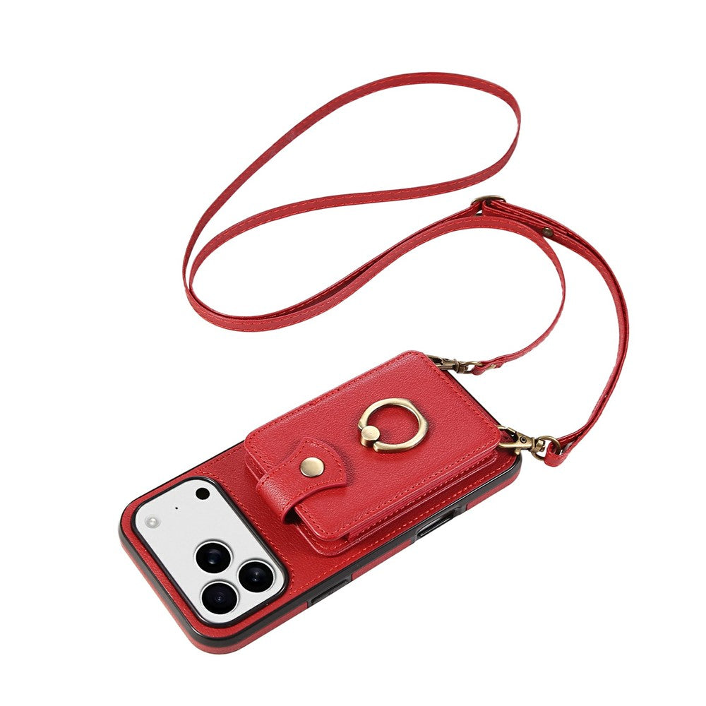 For iPhone 18 Pro / 17 Pro Case Card Holder Ring Kickstand TPU + PU Leather Phone Cover with Long Strap
