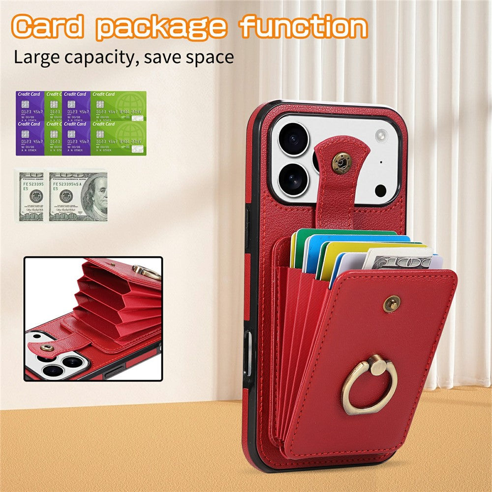 For iPhone 18 Pro / 17 Pro Case Card Holder Ring Kickstand TPU + PU Leather Phone Cover with Long Strap
