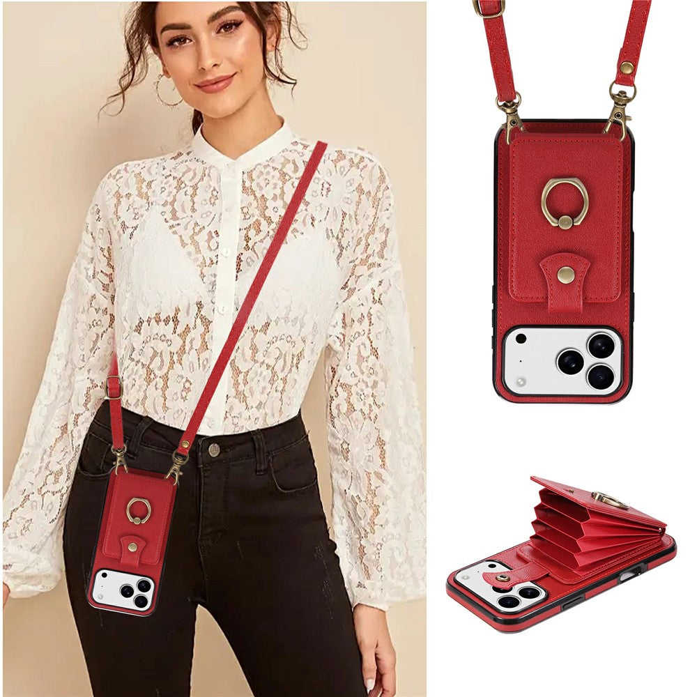 For iPhone 18 Pro / 17 Pro Case Card Holder Ring Kickstand TPU + PU Leather Phone Cover with Long Strap