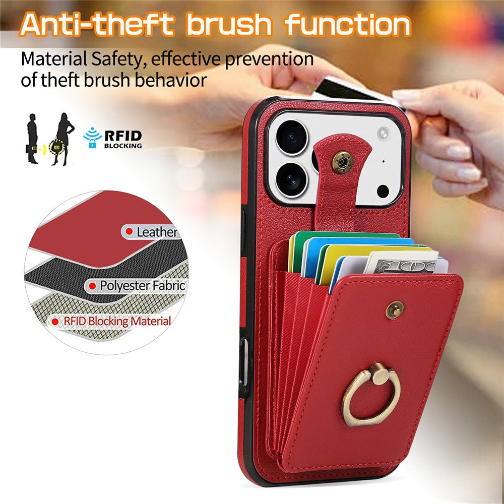 For iPhone 18 Pro / 17 Pro Case Card Holder Ring Kickstand TPU + PU Leather Phone Cover with Long Strap
