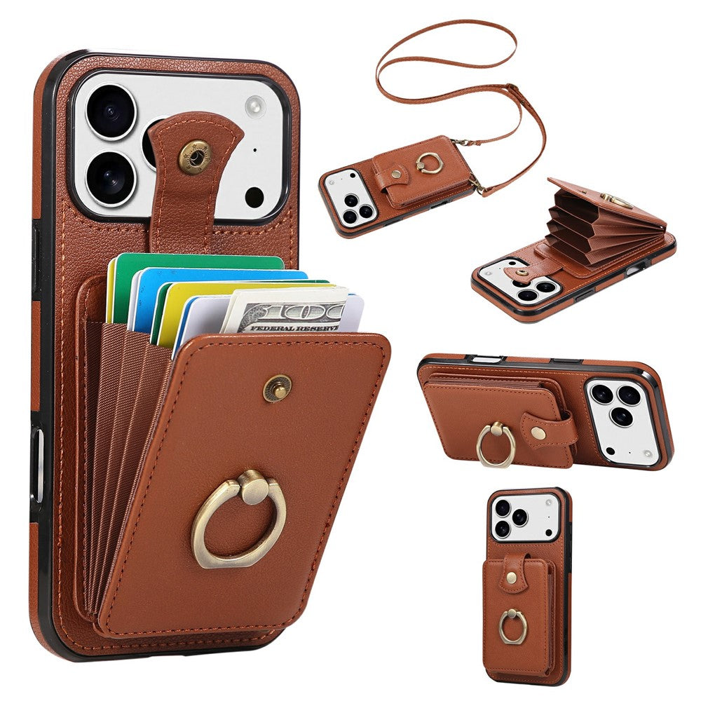For iPhone 18 Pro / 17 Pro Case Card Holder Ring Kickstand TPU + PU Leather Phone Cover with Long Strap