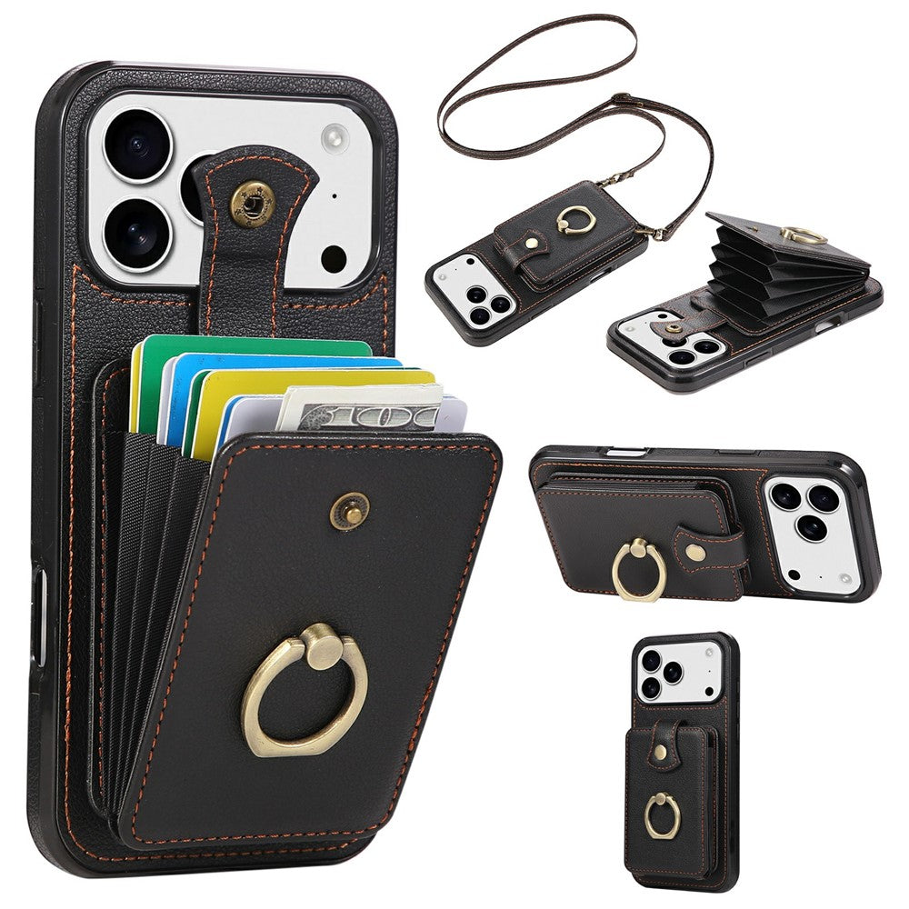 For iPhone 18 Pro / 17 Pro Case Card Holder Ring Kickstand TPU + PU Leather Phone Cover with Long Strap