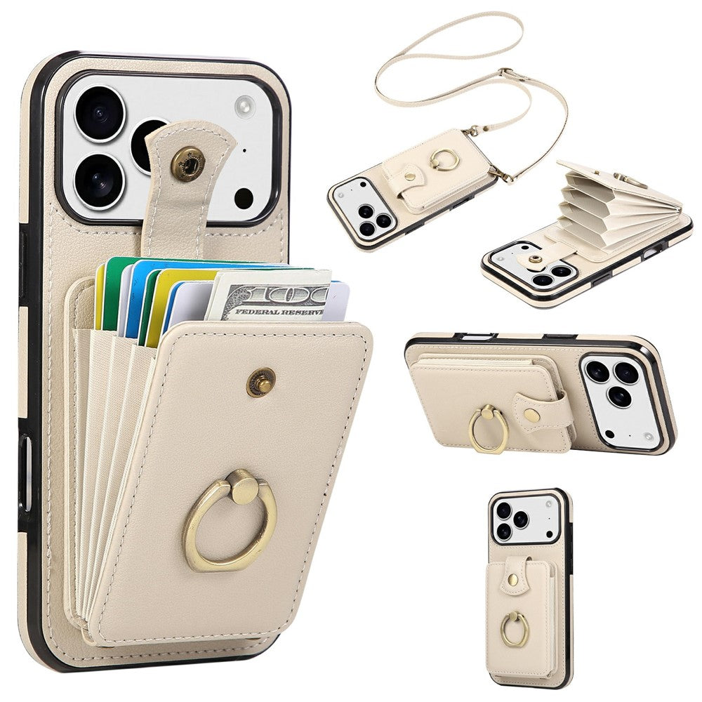 For iPhone 18 Pro / 17 Pro Case Card Holder Ring Kickstand TPU + PU Leather Phone Cover with Long Strap