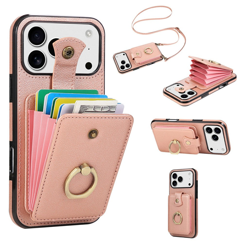 For iPhone 18 Pro / 17 Pro Case Card Holder Ring Kickstand TPU + PU Leather Phone Cover with Long Strap