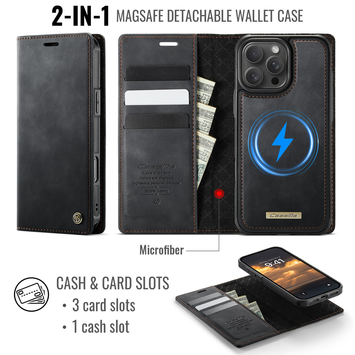 CASEME For iPhone 16 Pro Case  C49  Compatible with MagSafe RFID Blocking Detachable Wallet Leather Phone Cover