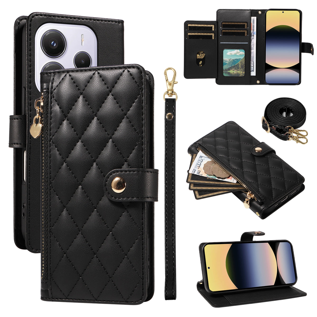 For Xiaomi Redmi Note 14 4G (164.84mm) Wallet Case with Straps, Rhombus Leather Stand Phone Cover