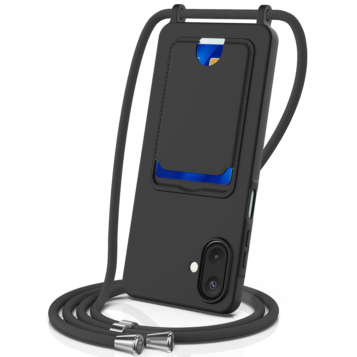 Samsung Galaxy A08 4G / A08 5G / F07 4G / M17e 5G / M07 4G / A07 5G / A07s 4G-etui i flydende silikone med kortholder og snor på bagsiden