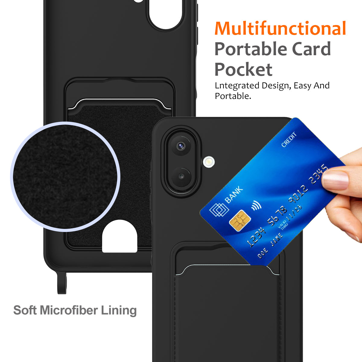 Samsung Galaxy A08 4G / A08 5G / F07 4G / M17e 5G / M07 4G / A07 5G / A07s 4G-etui i flydende silikone med kortholder og snor på bagsiden