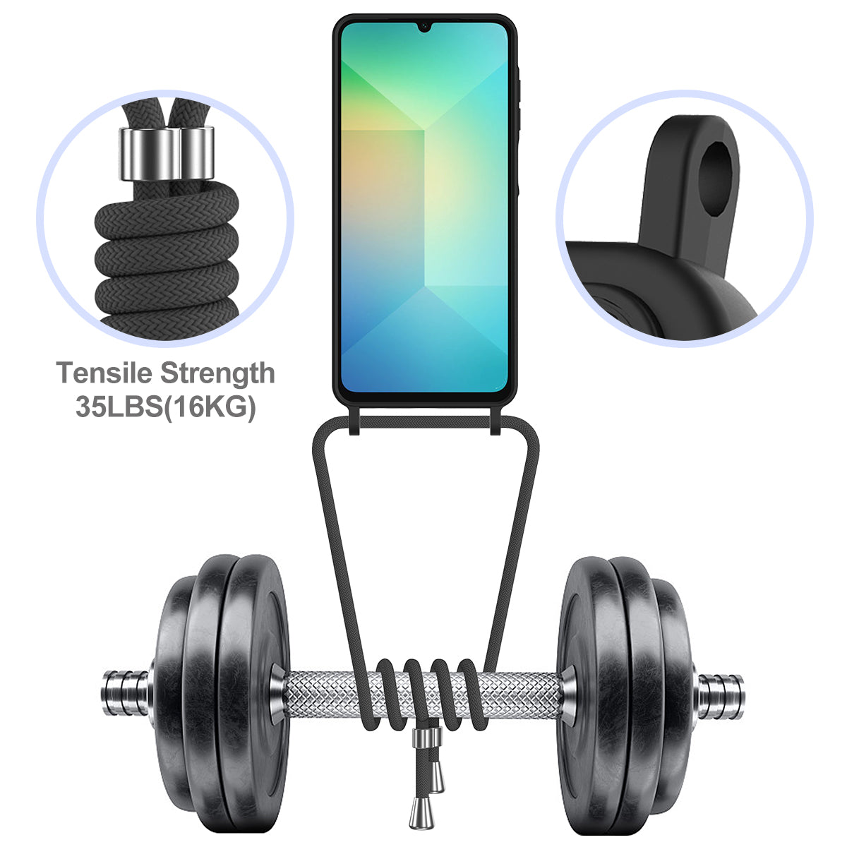 Samsung Galaxy A08 4G / A08 5G / F07 4G / M17e 5G / M07 4G / A07 5G / A07s 4G-etui i flydende silikone med kortholder og snor på bagsiden