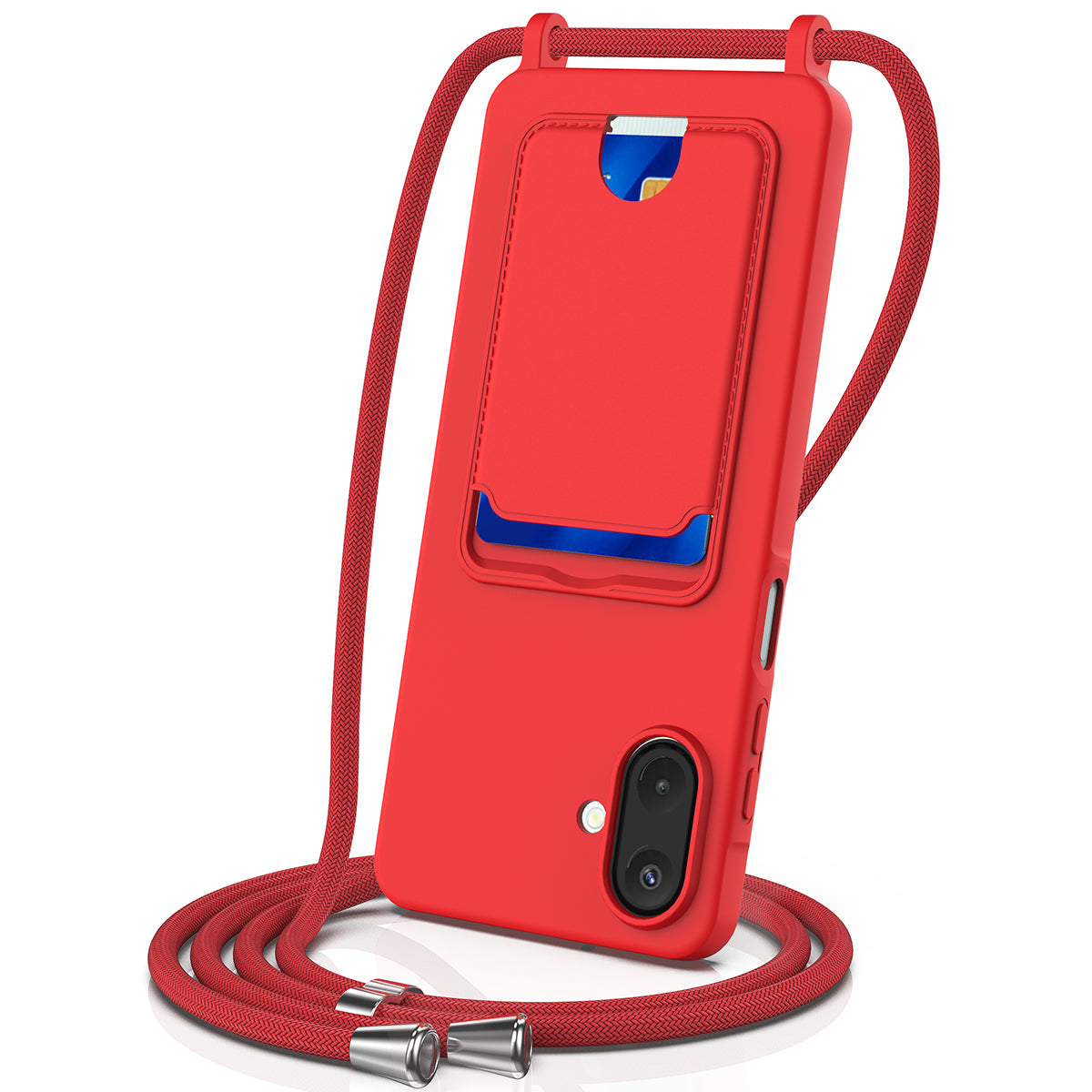 Samsung Galaxy A08 4G / A08 5G / F07 4G / M17e 5G / M07 4G / A07 5G / A07s 4G-etui i flydende silikone med kortholder og snor på bagsiden