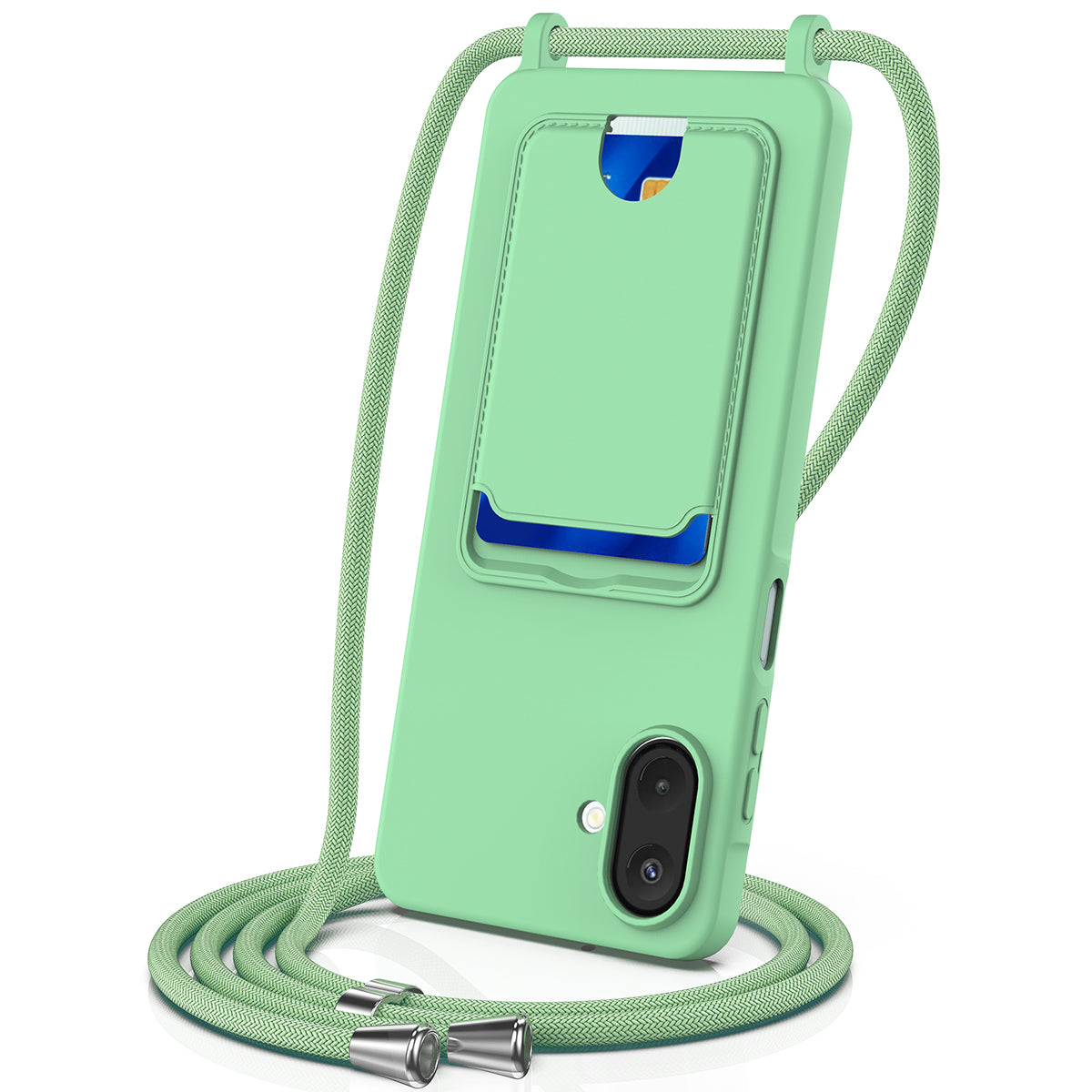 Samsung Galaxy A08 4G / A08 5G / F07 4G / M17e 5G / M07 4G / A07 5G / A07s 4G-etui i flydende silikone med kortholder og snor på bagsiden