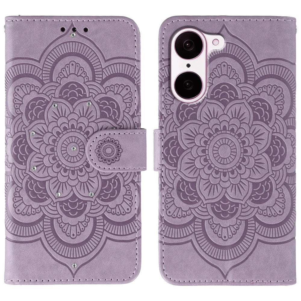 OnePlus Nord CE5 5G / Ace 5 Racing 5G-skal med strassdekor i PU-läder, mandala, präglad design och handledsrem.