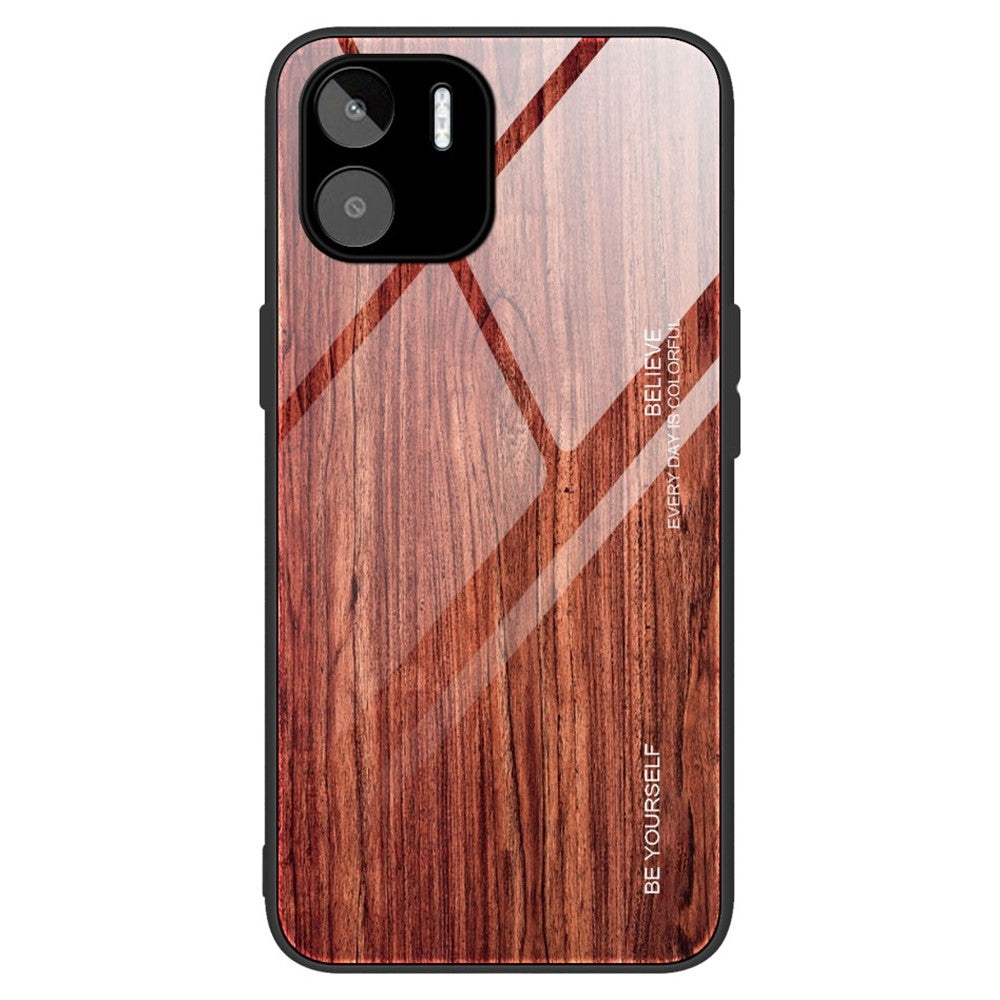 For Xiaomi Redmi A1 4G / A2 4G Wooden Pattern Anti-scratch Phone Cover Tempered Glass + TPU Hybrid Case