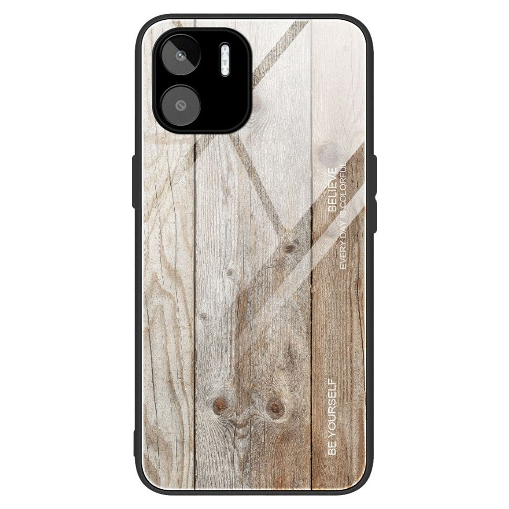 For Xiaomi Redmi A1 4G / A2 4G Wooden Pattern Anti-scratch Phone Cover Tempered Glass + TPU Hybrid Case