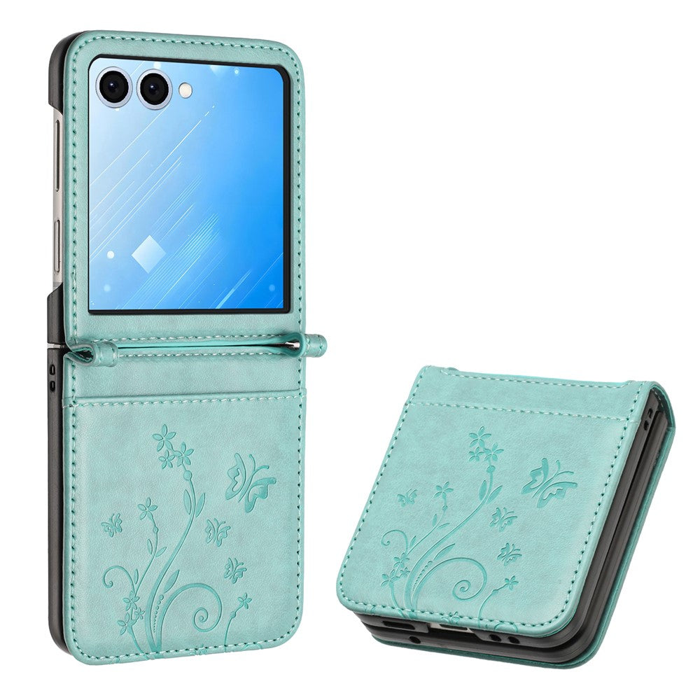 Samsung Galaxy Z Flip7 5G-skal med fjärilsblommapräglad lädermobilskal