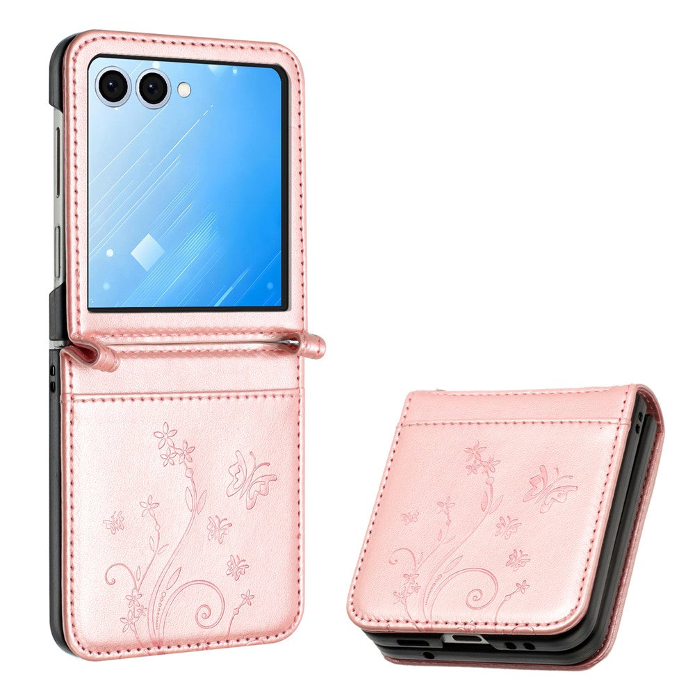 Samsung Galaxy Z Flip7 5G-skal med fjärilsblommapräglad lädermobilskal