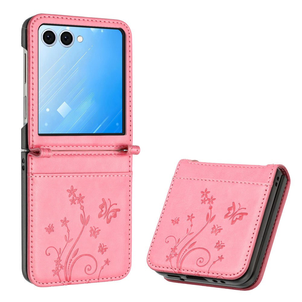 Samsung Galaxy Z Flip7 5G-skal med fjärilsblommapräglad lädermobilskal