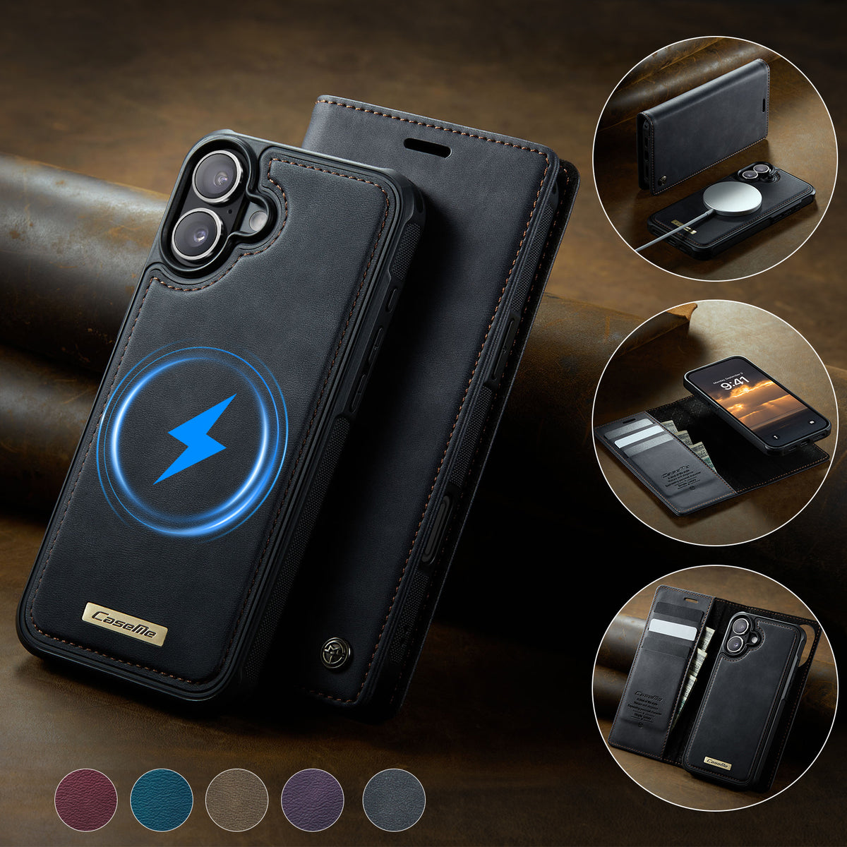 CASEME For iPhone 16 Case  C49  Compatible with MagSafe RFID Blocking Detachable Wallet Leather Phone Cover