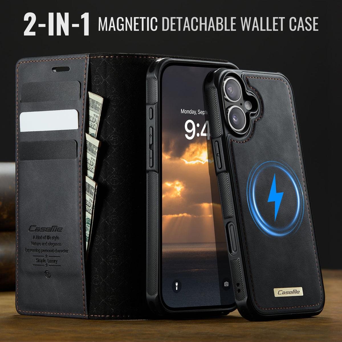 CASEME For iPhone 16 Case  C49  Compatible with MagSafe RFID Blocking Detachable Wallet Leather Phone Cover