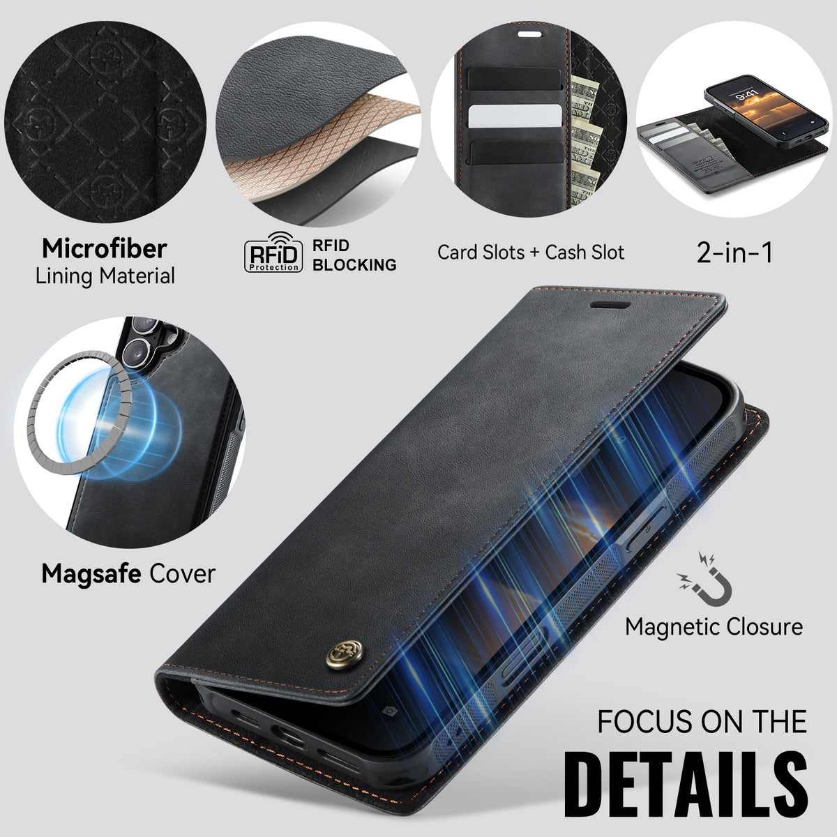 CASEME For iPhone 16 Case  C49  Compatible with MagSafe RFID Blocking Detachable Wallet Leather Phone Cover