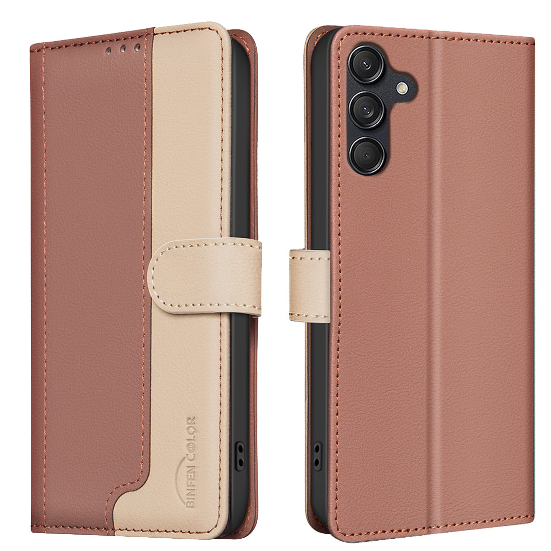 BINFEN COLOR Läderfodral för Samsung Galaxy S25 FE, skarvningsfärgat RFID-blockerande plånboksfodral