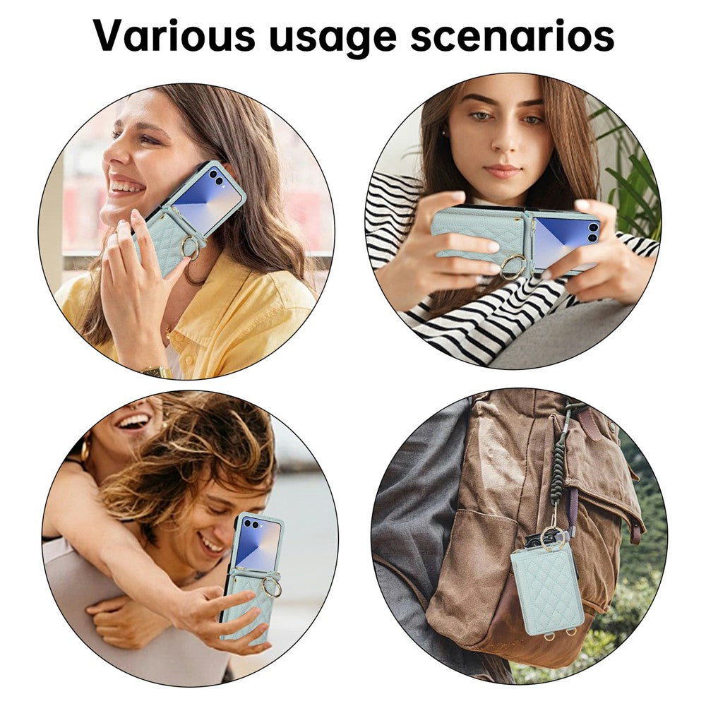 For Samsung Galaxy Z Flip7 5G Case Kickstand Rhombus Leather + TPU Phone Cover with Shoulder Strap