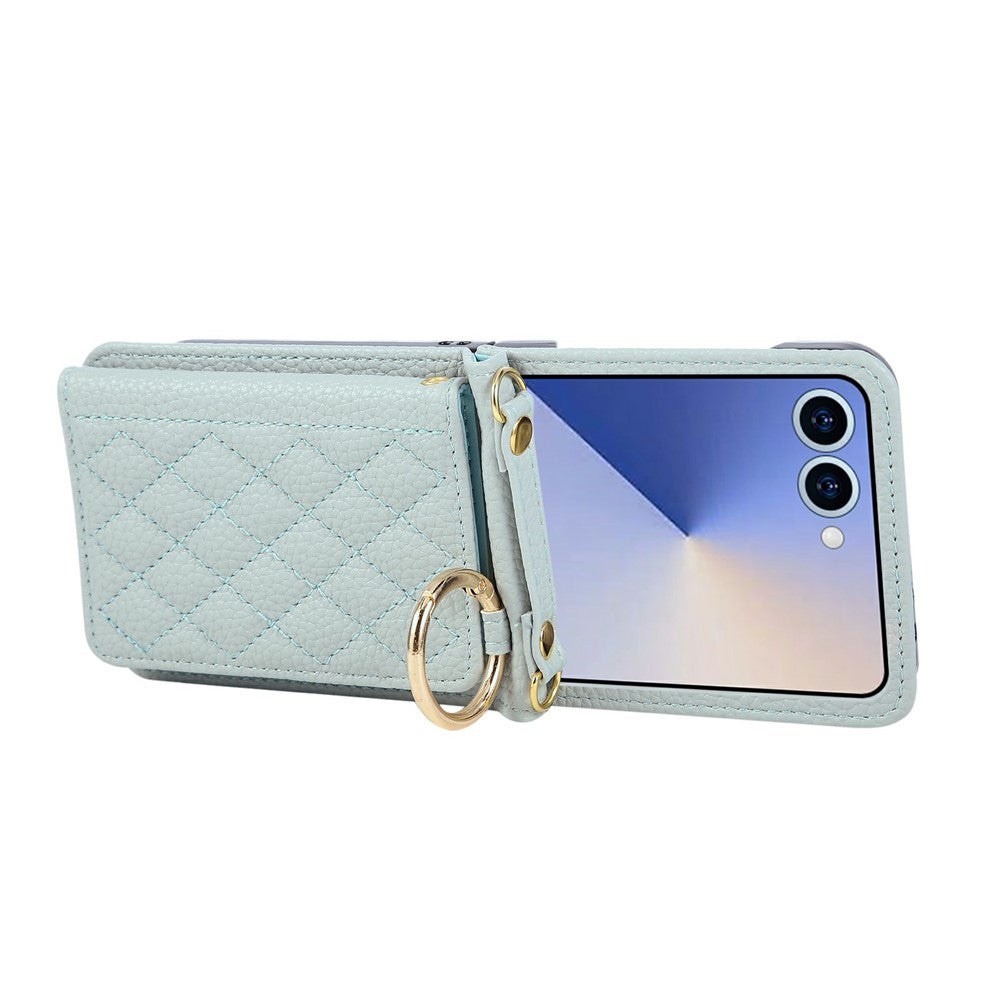For Samsung Galaxy Z Flip7 5G Case Kickstand Rhombus Leather + TPU Phone Cover with Shoulder Strap