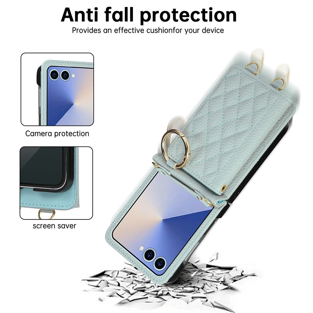For Samsung Galaxy Z Flip7 5G Case Kickstand Rhombus Leather + TPU Phone Cover with Shoulder Strap