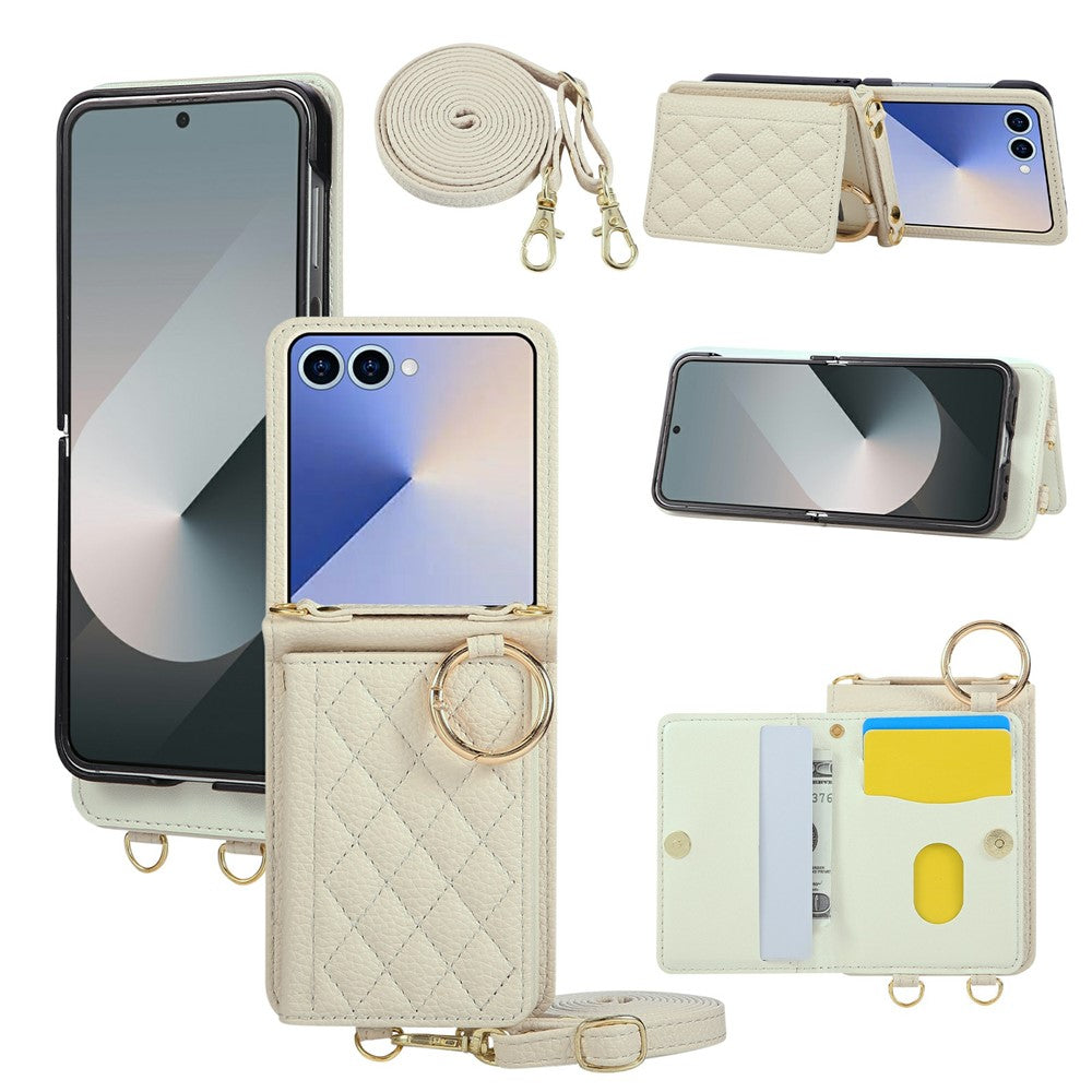 For Samsung Galaxy Z Flip7 5G Case Kickstand Rhombus Leather + TPU Phone Cover with Shoulder Strap