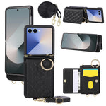 For Samsung Galaxy Z Flip7 5G Case Kickstand Rhombus Leather + TPU Phone Cover with Shoulder Strap