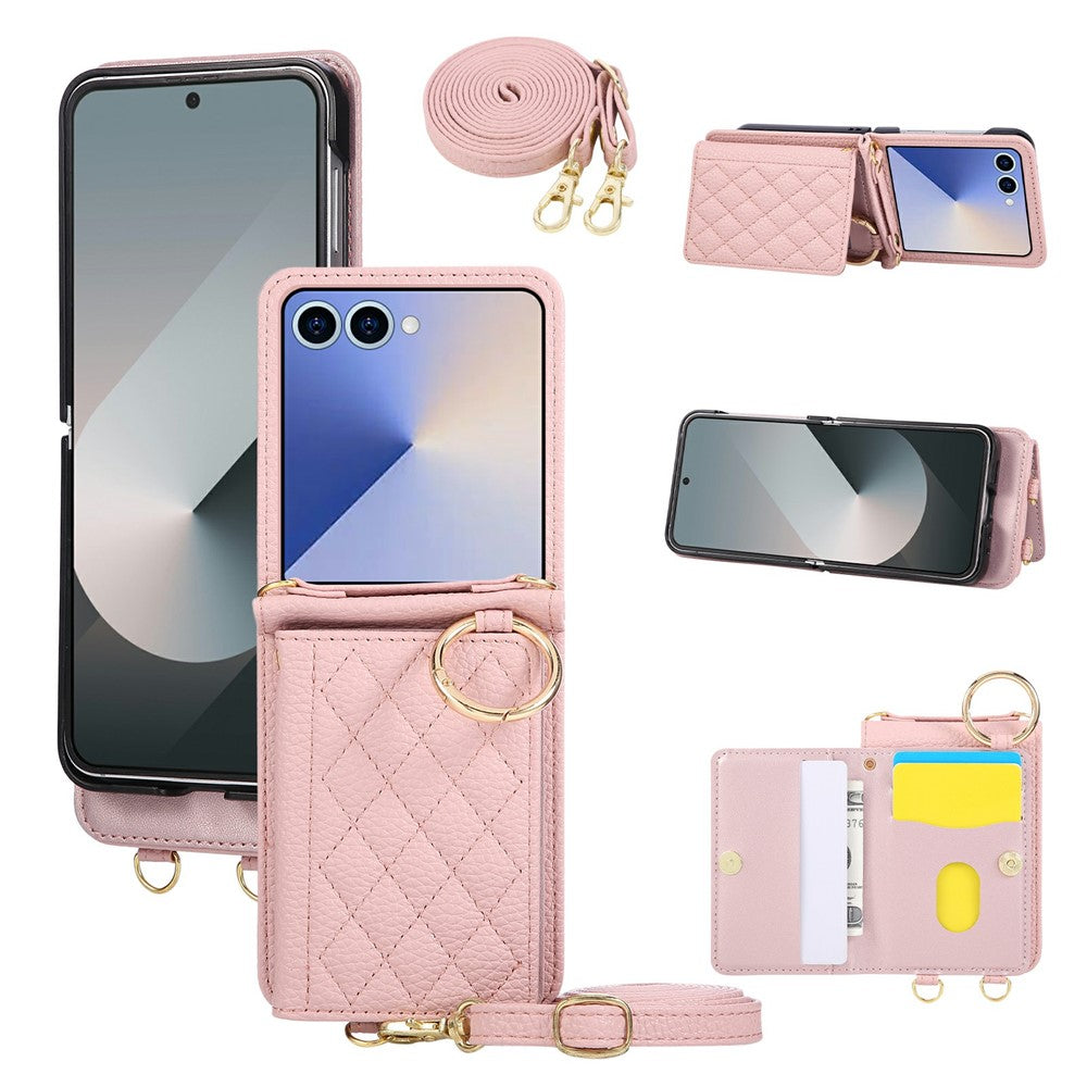 For Samsung Galaxy Z Flip7 5G Case Kickstand Rhombus Leather + TPU Phone Cover with Shoulder Strap