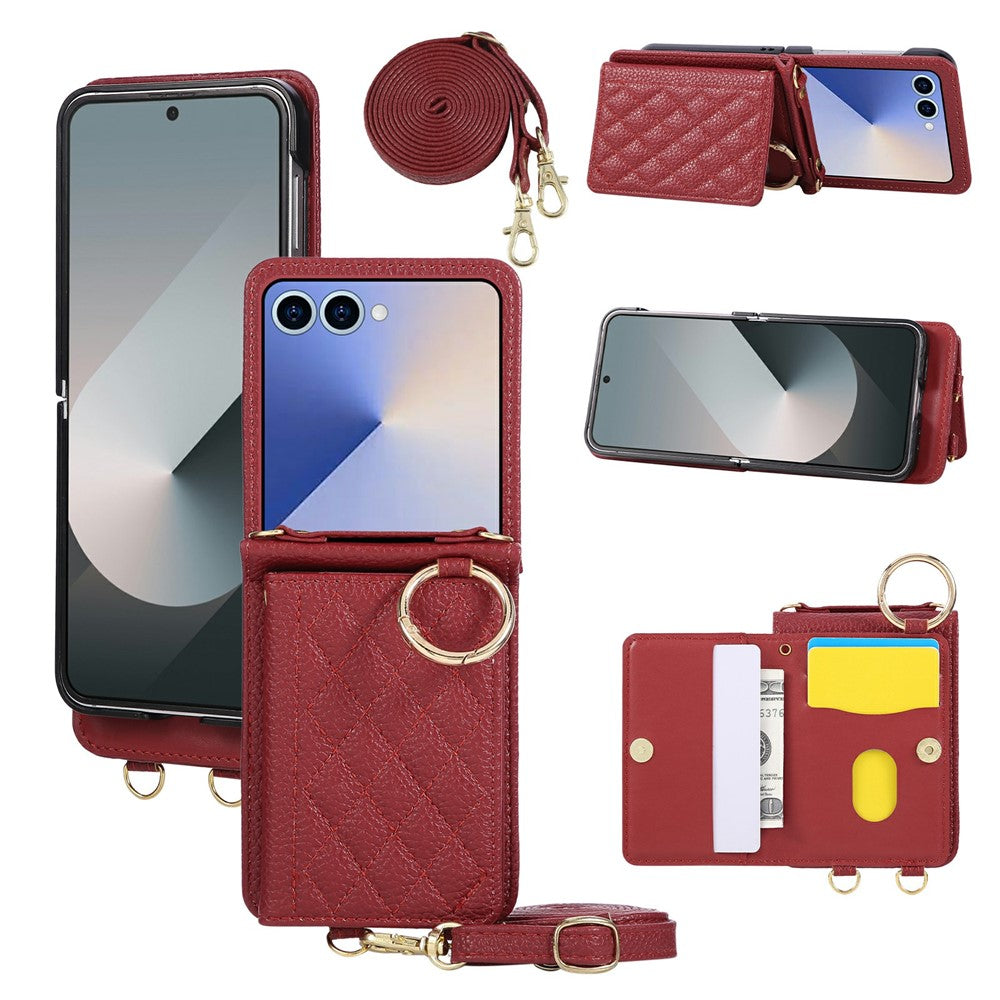 For Samsung Galaxy Z Flip7 5G Case Kickstand Rhombus Leather + TPU Phone Cover with Shoulder Strap