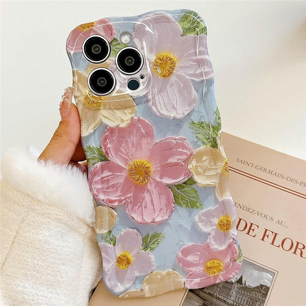 For iPhone 15 Pro Max Case Oil Painting Flower Pattern TPU Phone Cover with Curly Wave Frame