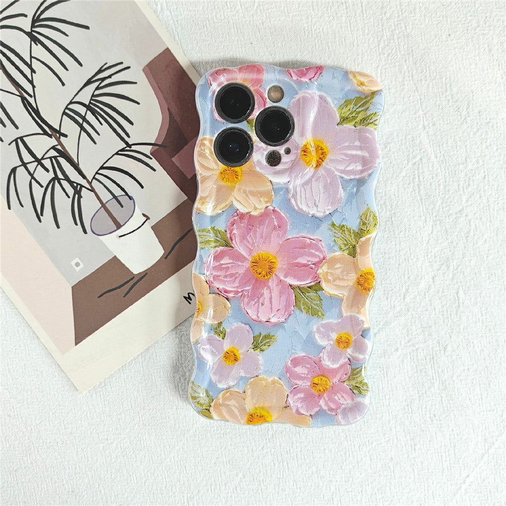 Fodral till iPhone 15 Pro Max med oljemålning blomstermönster TPU-telefonfodral med böjd vågkant