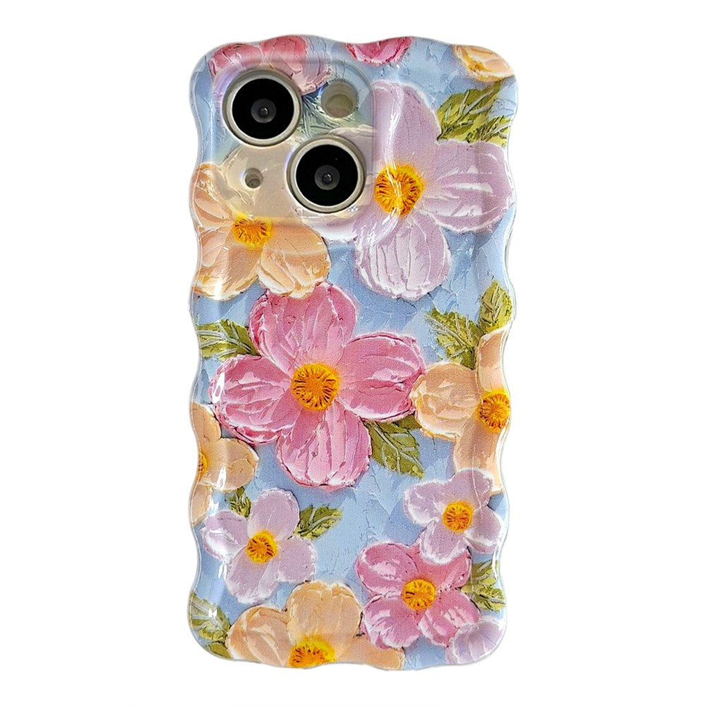 Til iPhone 15 Cover Olie Maleri Blomster Mønster TPU Telefon Cover med Krøllet Bølge Ramme