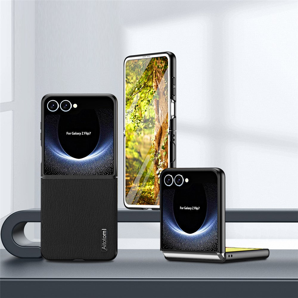 Til Samsung Galaxy Z Flip7 5G etui trætekstur PU-læderbelagt PC TPU telefoncover