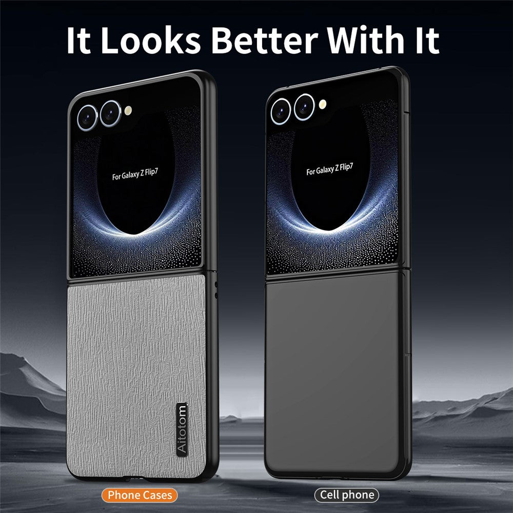 Til Samsung Galaxy Z Flip7 5G etui trætekstur PU-læderbelagt PC TPU telefoncover