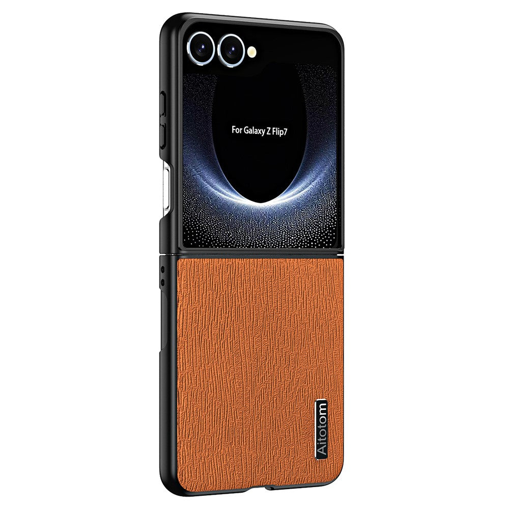 Til Samsung Galaxy Z Flip7 5G etui trætekstur PU-læderbelagt PC TPU telefoncover