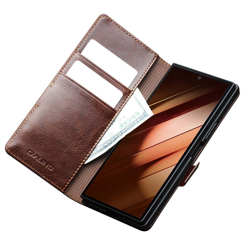 QIALINO til Samsung Galaxy Z Fold7 5G etui med kortholder ægte okselæder stativ telefoncover