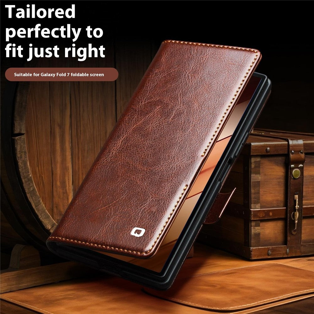 QIALINO til Samsung Galaxy Z Fold7 5G etui med kortholder ægte okselæder stativ telefoncover
