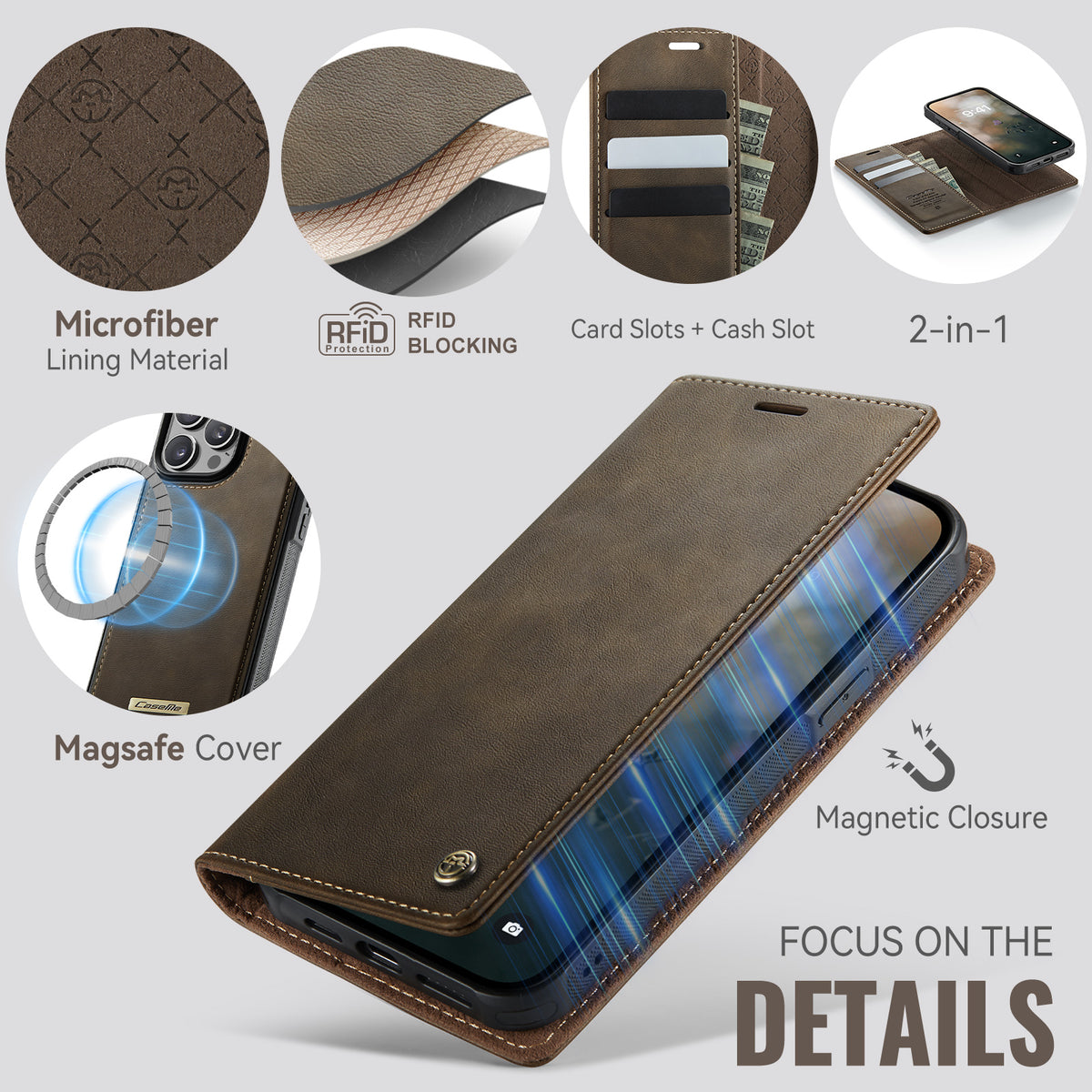 CASEME For iPhone 13 Pro Max 6.7 inch Case C49 Compatible with MagSafe RFID Blocking Detachable Wallet Leather Phone Cover