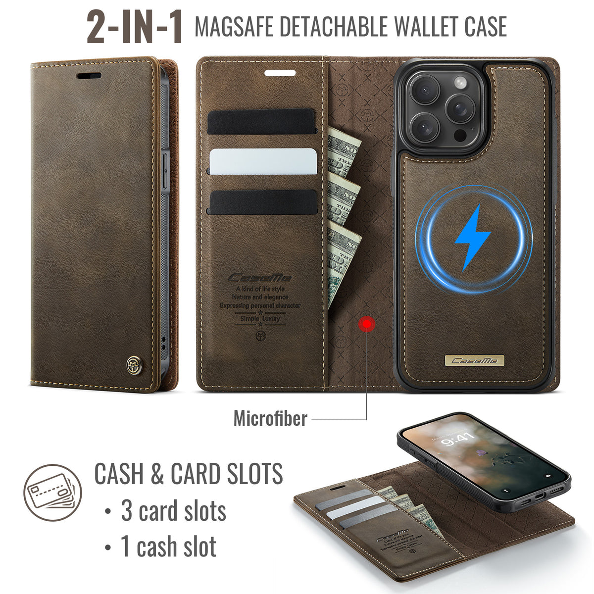 CASEME For iPhone 14 Pro Case  C49  Compatible with MagSafe RFID Blocking Detachable Wallet Leather Phone Cover