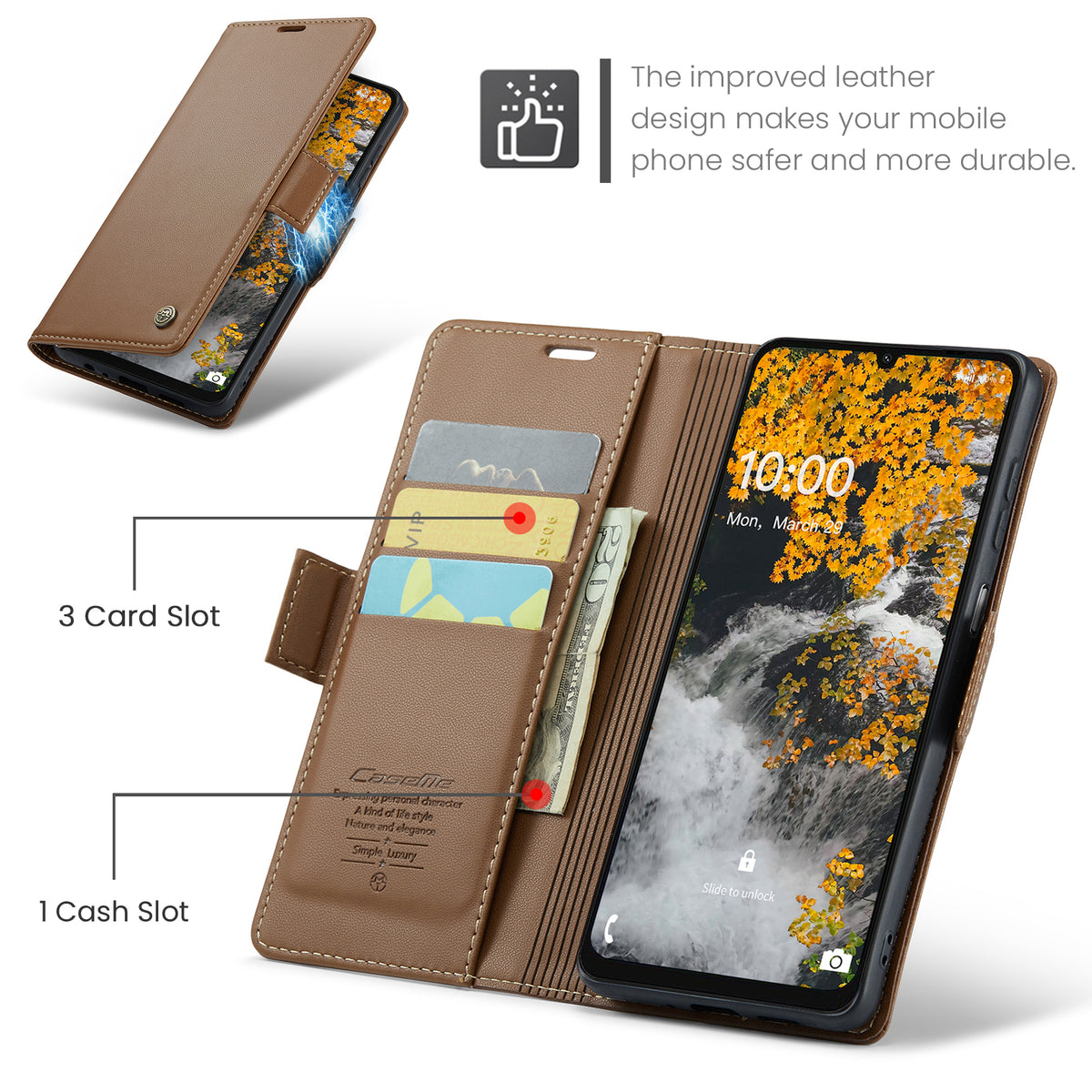 CASEME-cover til Samsung Galaxy A08 5G / A08 4G / A07 4G / A07s 4G / A06 4G / A06 5G, serie 023, RFID-blokerende læder-pungfodral med stativ