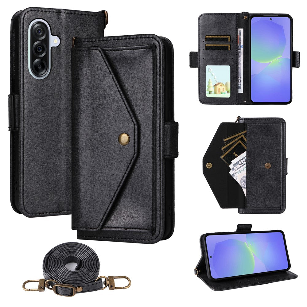 Läderfodral för Samsung Galaxy A15 5G / 4G, magnetisk stängning, plånboksfodral med axelrem.