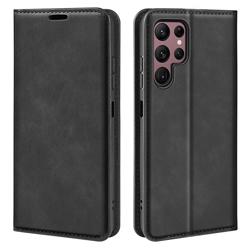 For Samsung Galaxy S23 Ultra Skin-touch Feeling PU Leather Cover Magnetic Auto-absorbed Phone Case with Stand Wallet