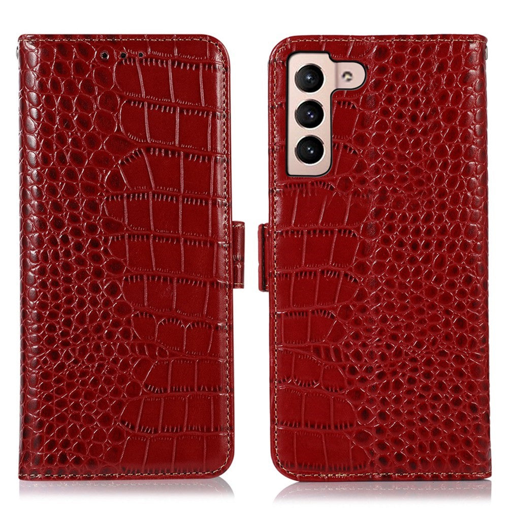 For Samsung Galaxy S23 Crocodile Texture Genuine Cowhide Leather Phone Case RFID Blocking Wallet Magnetic Closure Stand Folio Cover