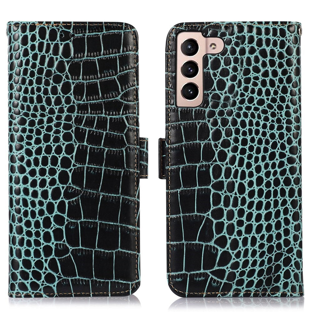 For Samsung Galaxy S23+ Crocodile Texture Wallet Flip Cover Genuine Cowhide Leather Stand RFID Blocking Magnetic Phone Case