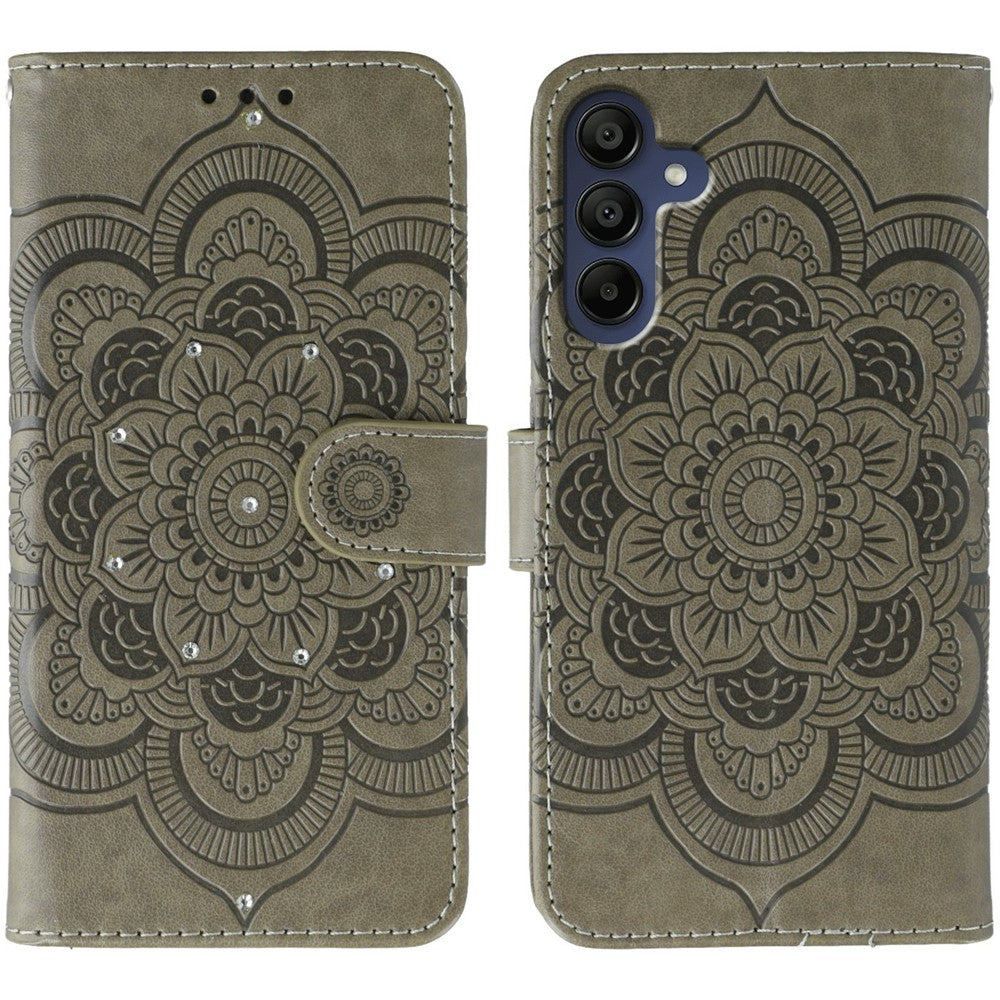 For Samsung Galaxy A35 5G Case Rhinestone Decor PU Leather Mandala Imprinted Design Phone Cover with Wrist Strap