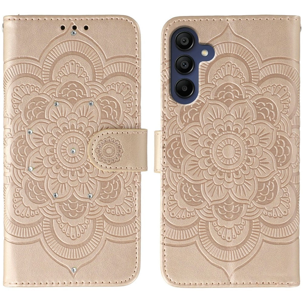 Til Samsung Galaxy A06s Etui med Rhinstensdekoration, PU-læder med Mandala-præget Design Telefoncover med Håndledsrem